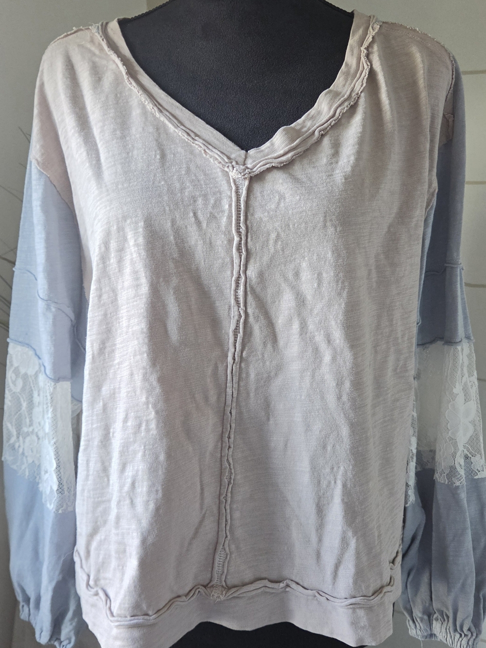 SHEIN POL Style Blue Cream Lace V Neck Raglan Sweatshirt Boho Cottagecore M 6